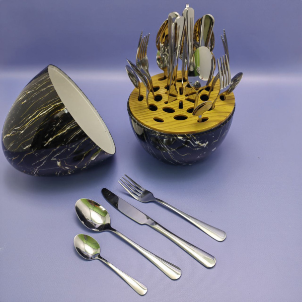 Набор столовых приборов в Футляре - Яйце Maxiegg 24 предмета / Премиум класс, цвет ЧЕРНЫЙ МРАМОР